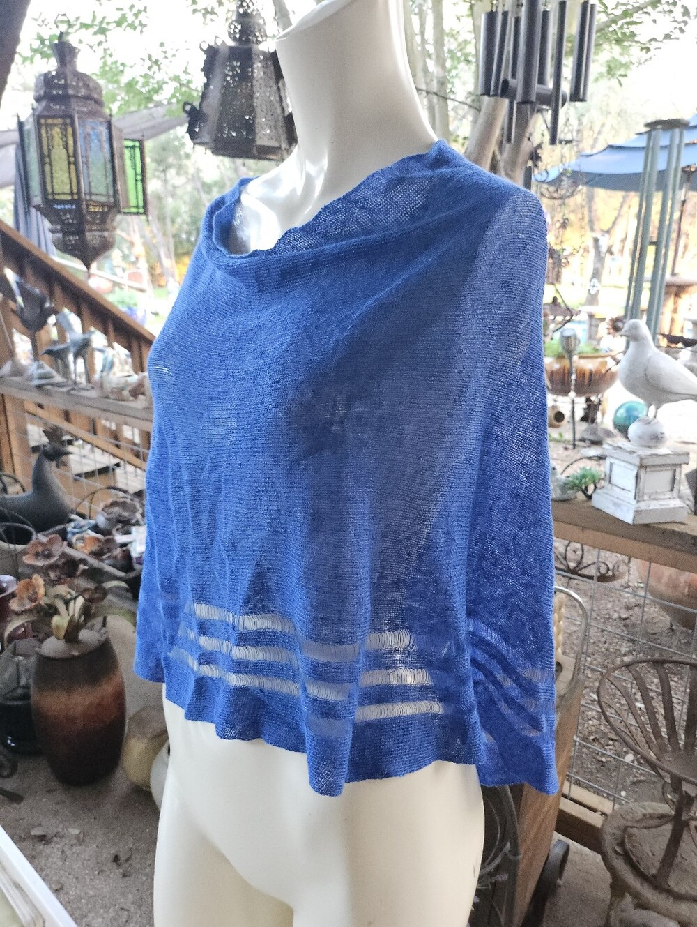 Blue Knit Cotton/Linen Shawl Shrug Poncho One Size